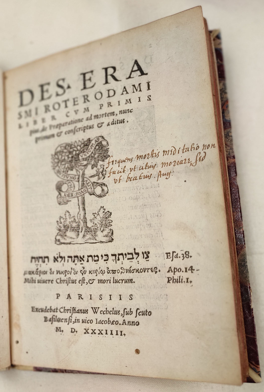 couverture livre "SE PRÉPARER À LA MORT, Desiderius Erasmus, De praeparatione ad mortem, Paris, Chr. Wechel, 1534, in-8°"